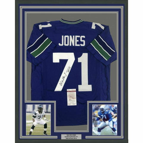 FRAMED Autographed/Signed WALTER JONES HOF 14 33x42 Seattle Blue Jersey JSA COA