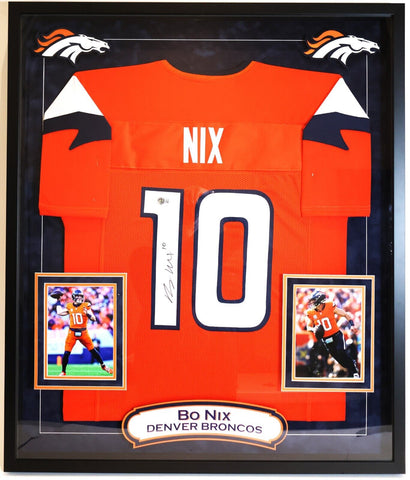 Bo Nix Autographed Custom Orange Broncos Jersey DLX Frame 33.5"Wx39.5"H BAS COA