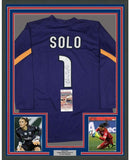 Framed Autographed/Signed Hope Solo 35x39 Purple USA World Cup Jersey JSA COA