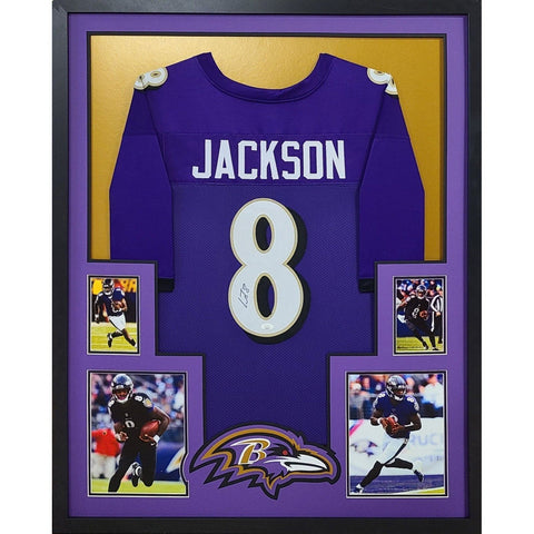 Lamar Jackson Autographed Signed Framed Purple Baltimore Ravens Jersey JSA