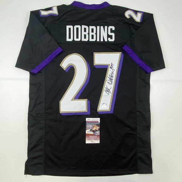 Autographed/Signed JK J.K. Dobbins Baltimore Black Football Jersey JSA COA Auto