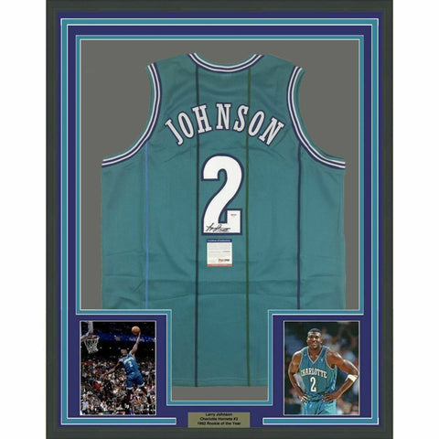 FRAMED Autographed/Signed LARRY JOHNSON 33x42 Charlotte Teal Jersey PSA/DNA COA