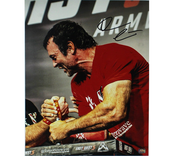 Devon Larratt Signed Unframed 16x20 Arm Wrestling Photo - Red Shirt