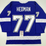 Autographed/Signed Victor Hedman Tampa Bay Blue Hockey Jersey JSA COA