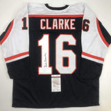 Autographed/Signed Bob Bobby Clarke Philadelphia Black Hockey Jersey JSA COA