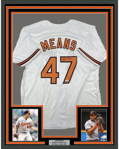 FRAMED Autographed/Signed JOHN MEANS 35x39 Baltimore White Jersey BAS COA