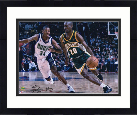 Framed Gary Payton Seattle Supersonics Signed 16" x 20" Dribbling in Green Photo