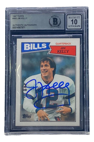 Jim Kelly Signed 1987 Topps #362 Buffalo Bills Rookie Football Card BAS Grade 10