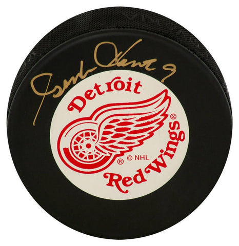 Gordie Howe Signed Red Wings Large Logo White Background Hockey Puck - (JSA COA)