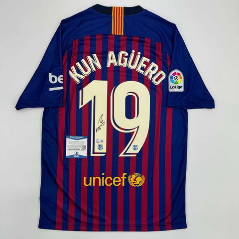 Autographed/Signed Sergio Kun Aguero FC Barcelona Blue Soccer Jersey BAS COA #2