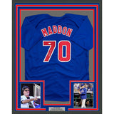 Framed Autographed/Signed Joe Maddon 35x39 Chicago Blue Baseball Jersey JSA COA