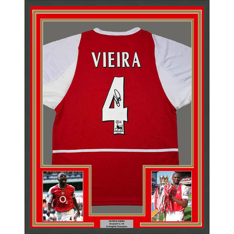 Framed Autographed/Signed Patrick Vieira 35x39 Arsenal Red Soccer Jersey BAS COA
