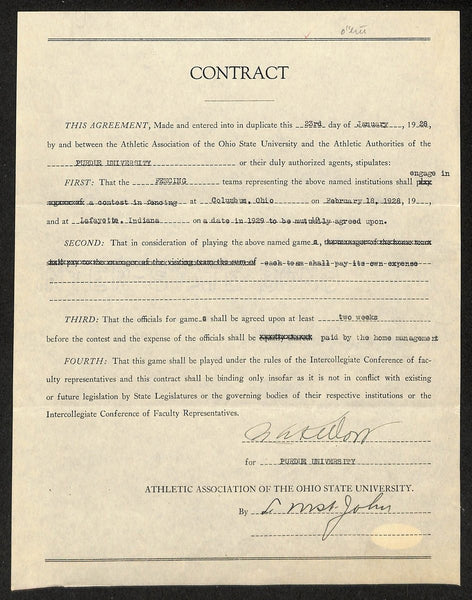 Lynn St. John HOF Signed 1928 Contract Ohio State & Purdue JSA 198968