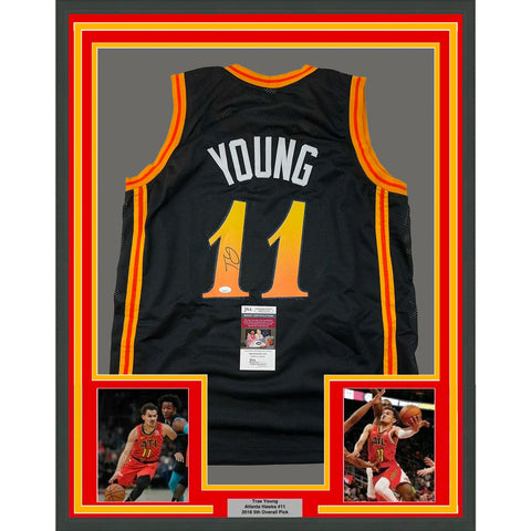 Framed Autographed/Signed Trae Young 33x42 Black City Edition Jersey JSA COA