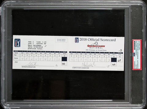 Tiger Woods & Mark Leishman Signed '18 Quicken Loans Official Scorecard PSA Slab
