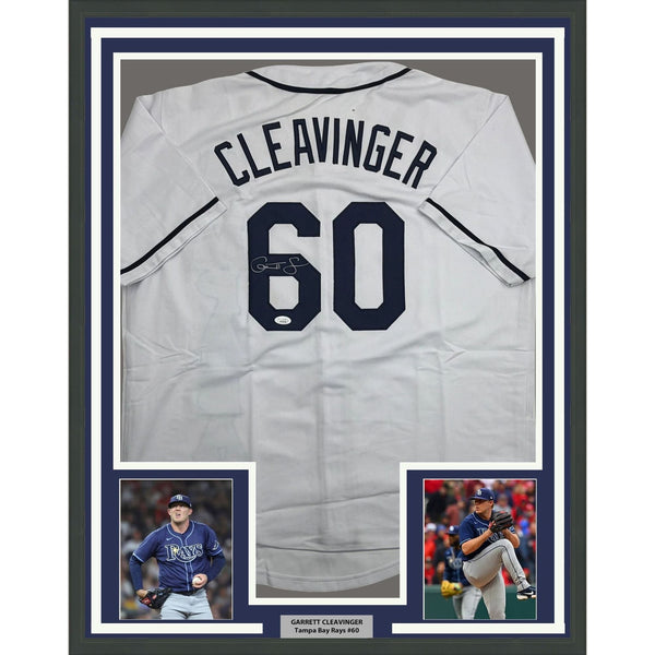 Framed Autographed/Signed Garrett Cleavinger 35x39 TB White Jersey JSA COA