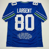 Autographed/Signed Steve Largent HOF 95 Seattle Blue Stat Jersey BAS COA