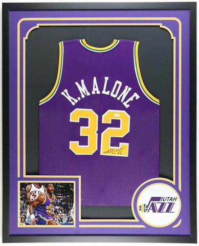 Karl Malone Signed Utah Jazz 35"x 43" Framed Jersey (JSA) 2xNBA MVP /14xAll Star