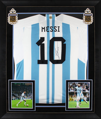 Argentina Lionel Messi Authentic Signed White & Blue Striped Framed Jersey BAS