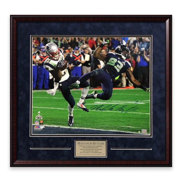 Malcolm Butler Signed Autographed "Interception" 16x20 Photo Framed to 20x24 NEP