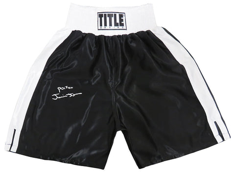 Junior Jones Signed Title Black With White Trim Boxing Trunks w/Poison -(SS COA)