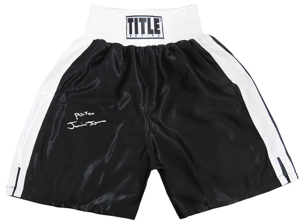 Junior Jones Signed Title Black With White Trim Boxing Trunks w/Poison -(SS COA)