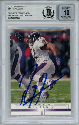 Ray Lewis Autographed 2001 Upper Deck #14 Trading Card Beckett 10 Slab 35235