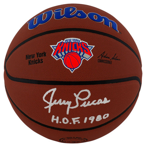 Jerry Lucas Signed Knicks Logo Wilson NBA Basketball w/HOF'80 - (SCHWARTZ COA)