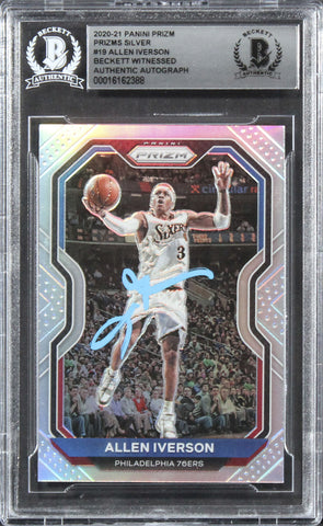76ers Allen Iverson Signed 2020 Panini Prizm Silver #19 Card BAS Slabbed
