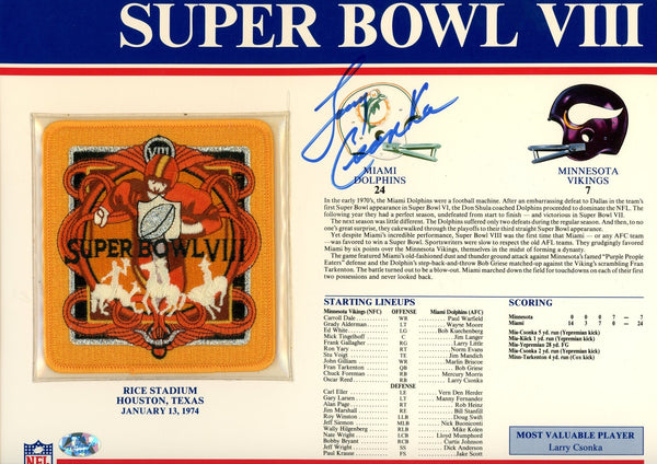 Larry Csonka Autographed Miami Dolphins SB VIII Patch Stat Card Beckett 54944