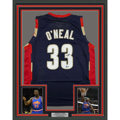 Framed Signed Shaquille Shaq O'Neal 35x39 Cleveland Blue Jersey Beckett COA