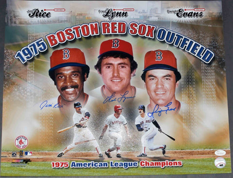 JIM RICE FRED LYNN DWIGHT EVANS SIGNED BOSTON RED SOX 1975 OUTFIELD 16x20 PHOTO