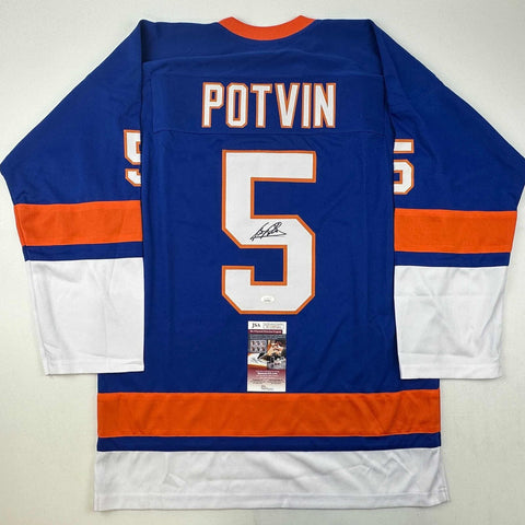 Autographed/Signed Dennis Potvin New York Blue Hockey Jersey JSA COA