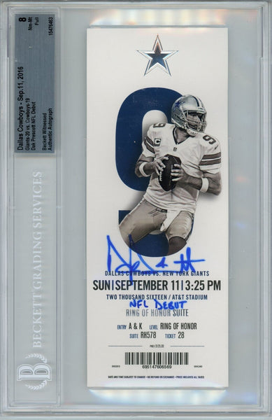 Dak Prescott Signed Dallas Cowboys Ticket Stub NFL Debut Beckett 39754