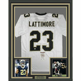 FRAMED Autographed/Signed MARSHON LATTIMORE 33x42 Saints White Jersey JSA COA