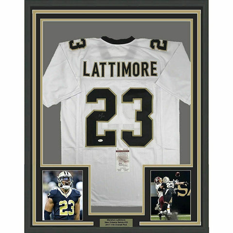 FRAMED Autographed/Signed MARSHON LATTIMORE 33x42 Saints White Jersey JSA COA