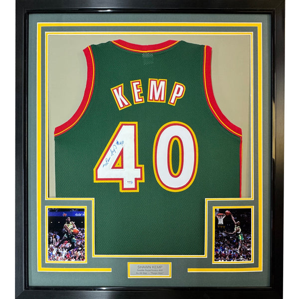 FRAMED Signed SHAWN KEMP 35x39 Seattle Dark Green Jersey PSA COA