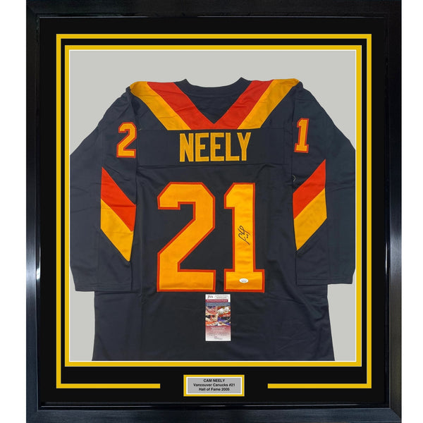 Framed Autographed/Signed Cam Neely 35x39 Vancouver Black Jersey JSA COA