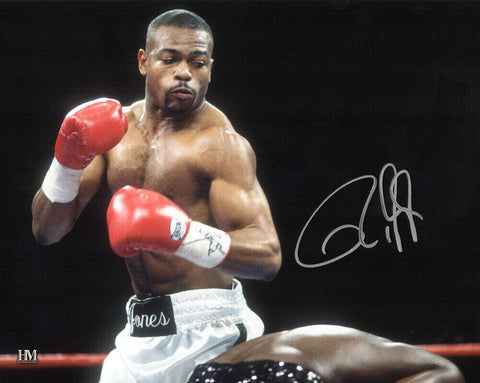 Roy Jones Jr. Signed Boxing White Trunks Action 8x10 Photo - (SCHWARTZ COA)