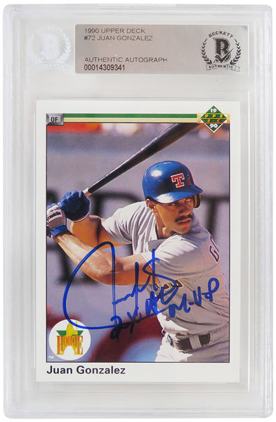 Juan Gonzalez Autographed Rangers 1990 UD Rookie Card #72 w/2x MVP (Beckett)