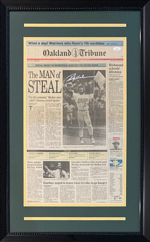 Rickey Henderson Autographed Oakland Tribune Framed Newspaper Stolen Base JSA