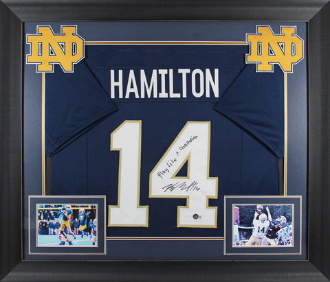 Notre Dame Kyle Hamilton "PLAC" Signed Navy Blue Pro Style Framed Jersey BAS Wit