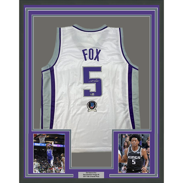FRAMED Autographed/Signed De'Aaron Fox 33x42 Sacramento White Jersey Beckett COA