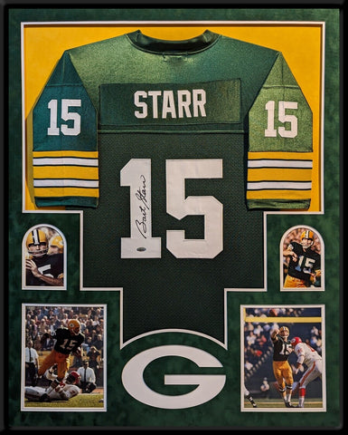 SUEDE FRAMED GREEN BAY PACKERS BART STARR AUTOGRAPHED SIGNED JERSEY STEINER HOLO