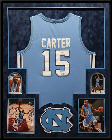 FRAMED IN SUEDE UNC TAR HEELS VINCE CARTER AUTOGRAPHED SIGNED JERSEY PSA COA