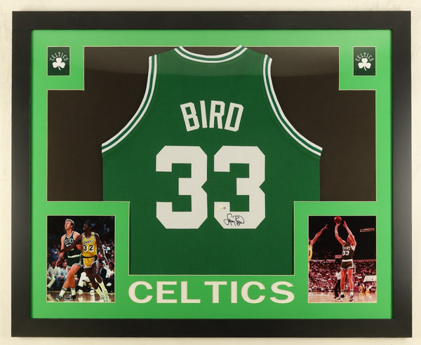 Larry Bird Signed Boston Celtics 35x43 Framed Jersey (JSA) 3xNBA Champion/ 3xMVP