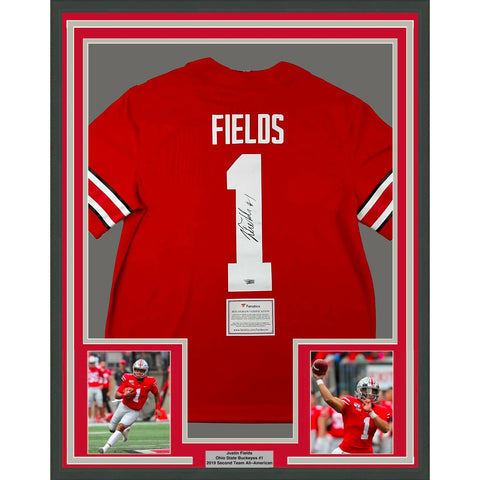 Framed Autographed/Signed Justin Fields 33x42 Ohio State Red Jersey Fanatics COA