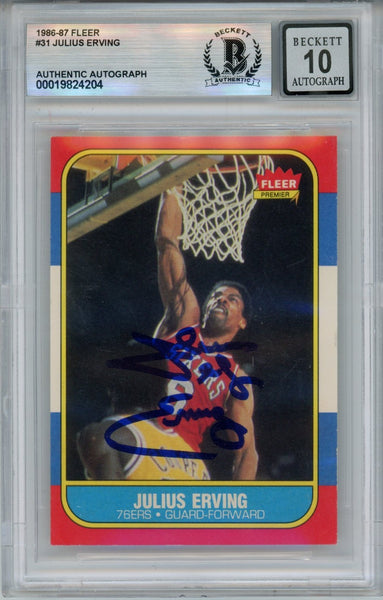 Julius Erving Autographed 1986 Fleer #35 10 auto Card Slab Beckett 54677