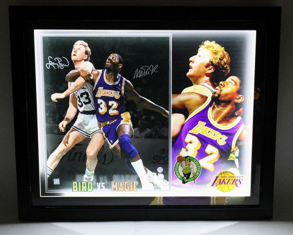 Larry Bird/Magic Johnson Autographed 16x20 Photo Lighted Shadowbox Beckett COA
