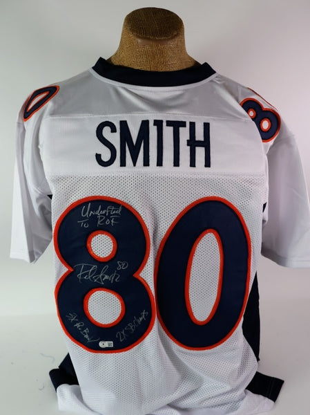 Rod Smith Autographed Broncos Custom White Jersey w/ 3 Inscriptions Beckett COA